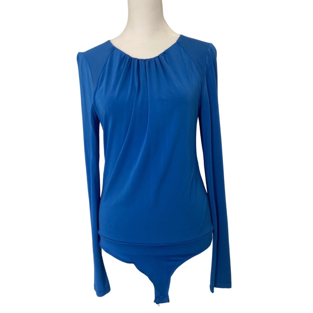 Bebe Blue long-sleeve Bodysuit with gathered neck detail Size Medium